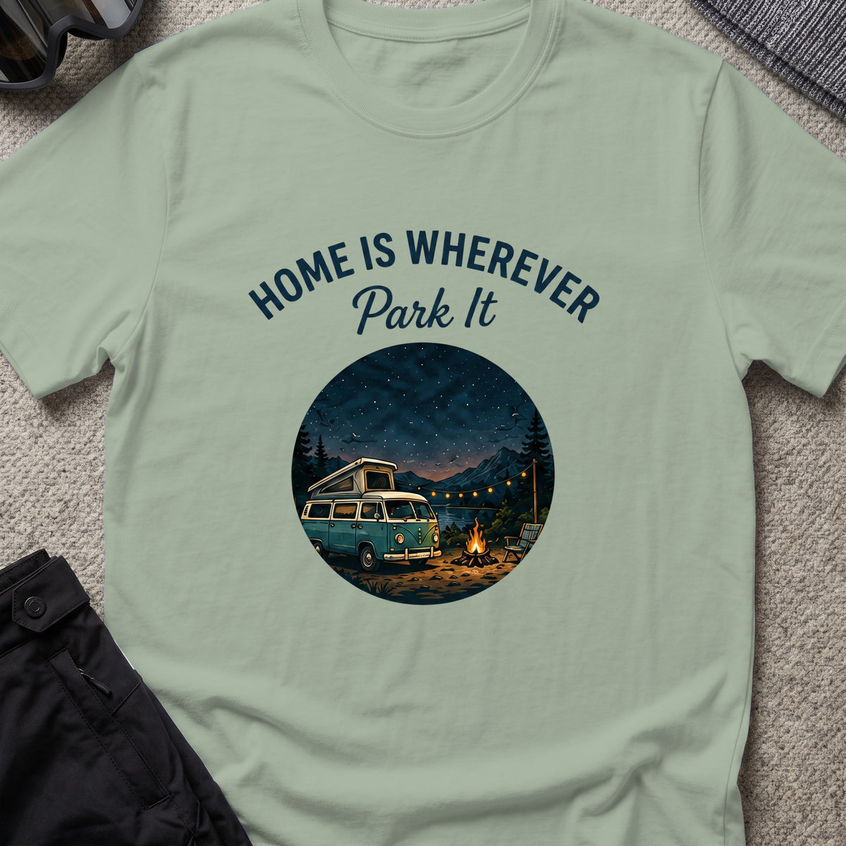 Home is Wherever, Park It T-Shirt in Sage, front view.
