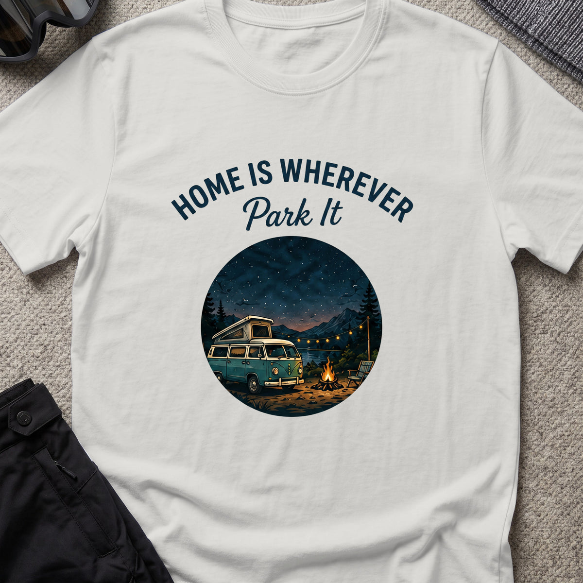 Home is Wherever, Park It T-Shirt in Ice Grey, front view.