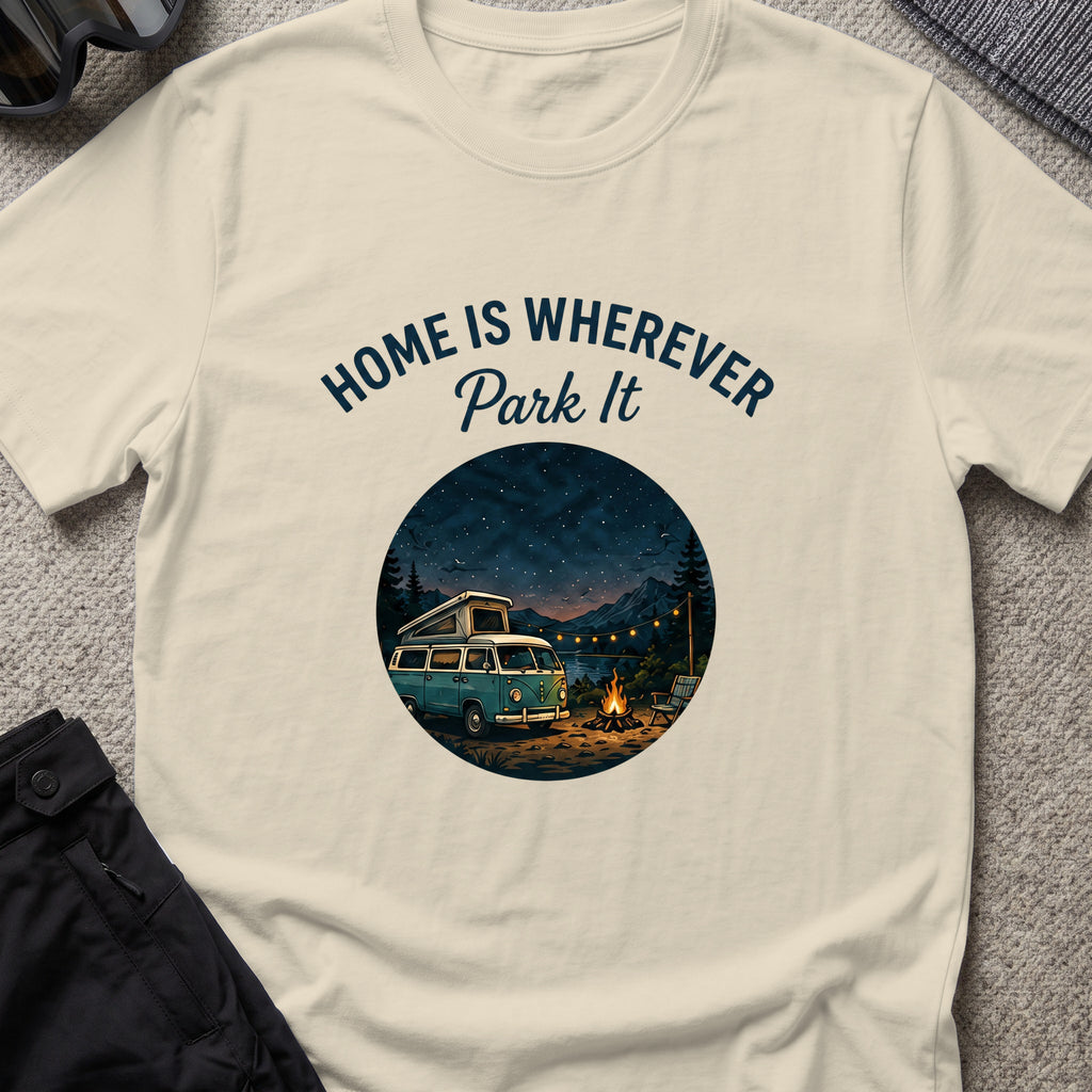 Home is Wherever, Park It T-Shirt in Sand, front view.