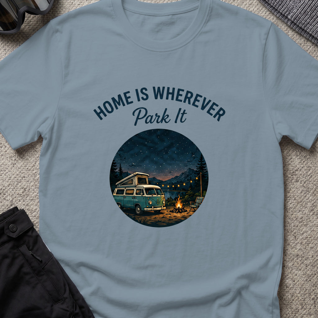 Home is Wherever, Park It T-Shirt in Stone Blue, front view.