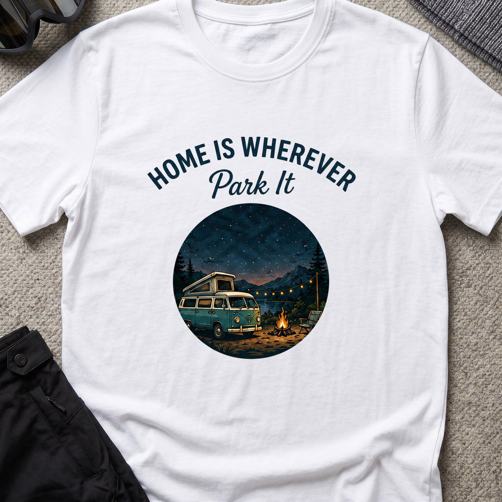 Home is Wherever, Park It T-Shirt in White, front view.
