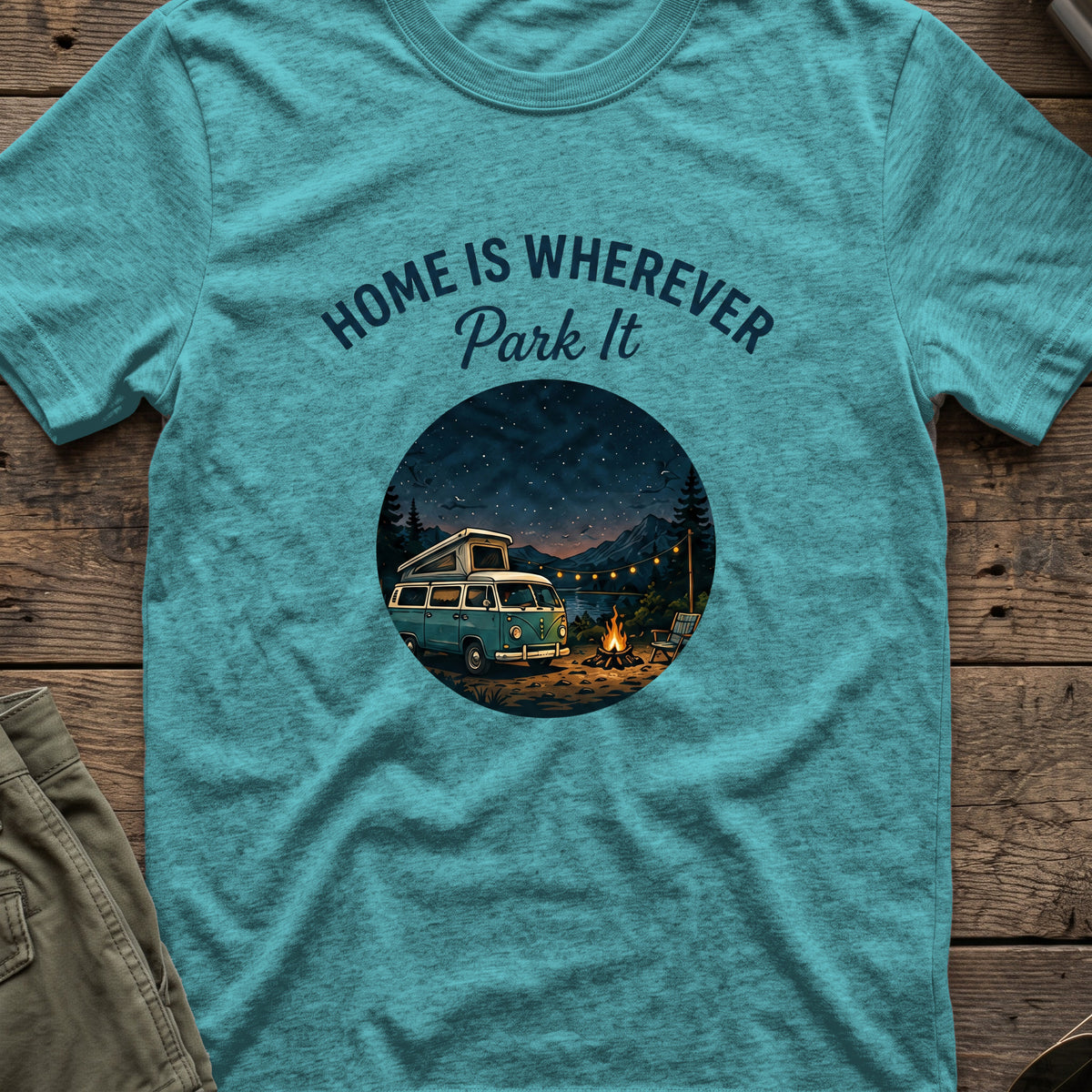 Home is Wherever, Park It T-Shirt in Heather Galapagos Blue, front view.