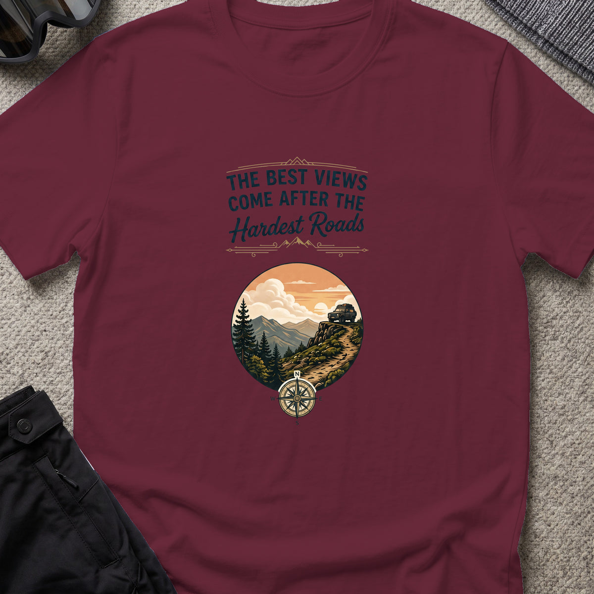 The Best Views T-Shirt in Maroon, front view.