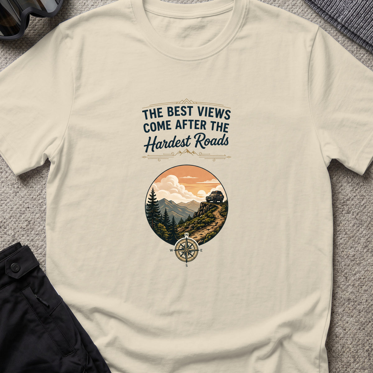 The Best Views T-Shirt in Sand, front view.