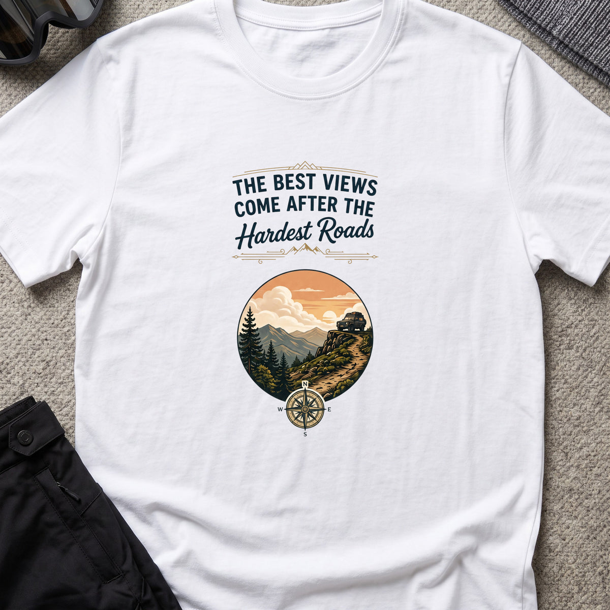 The Best Views T-Shirt in White, front view.