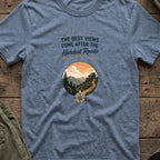 The Best Views T-Shirt in Heather Indigo, front view.