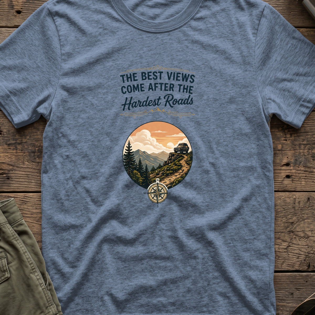 The Best Views T-Shirt in Heather Indigo, front view.
