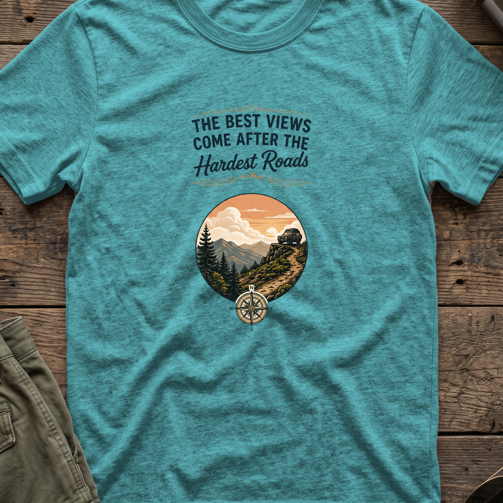 The Best Views T-Shirt in Heather Galapagos Blue, front view.