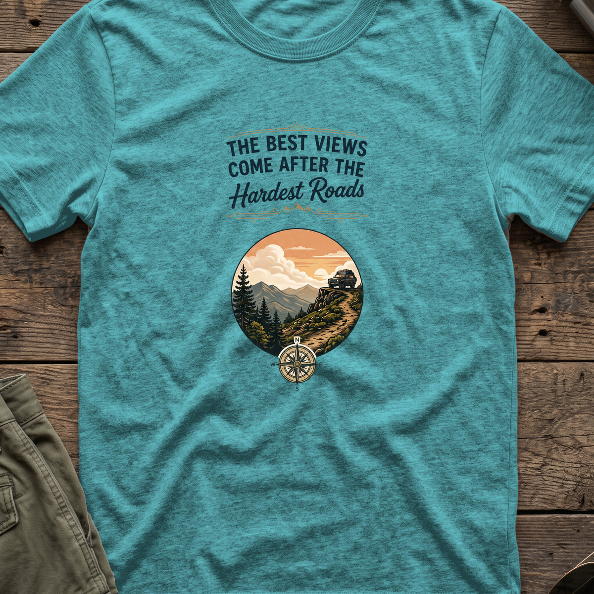 The Best Views T-Shirt in Heather Galapagos Blue, front view.