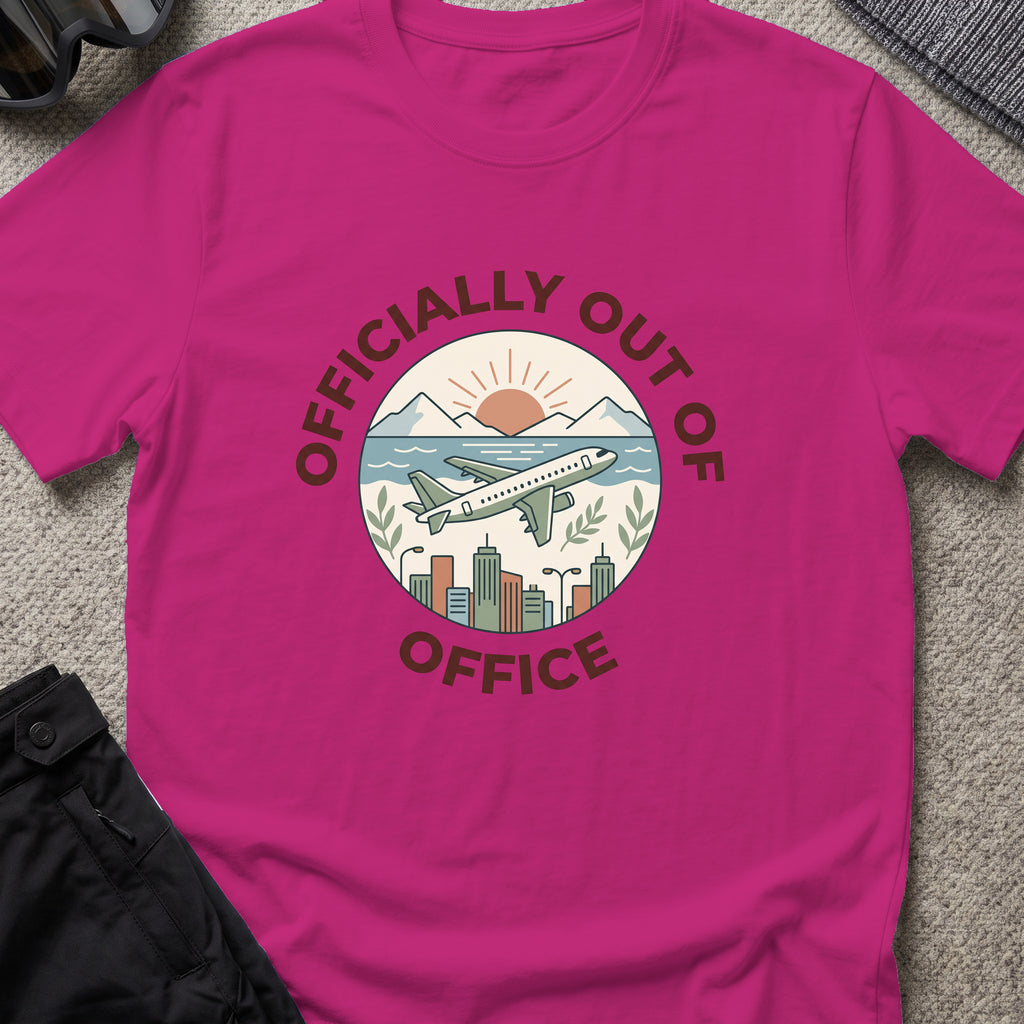 Officially out of Office T-Shirt in Antique Heliconia, front view.