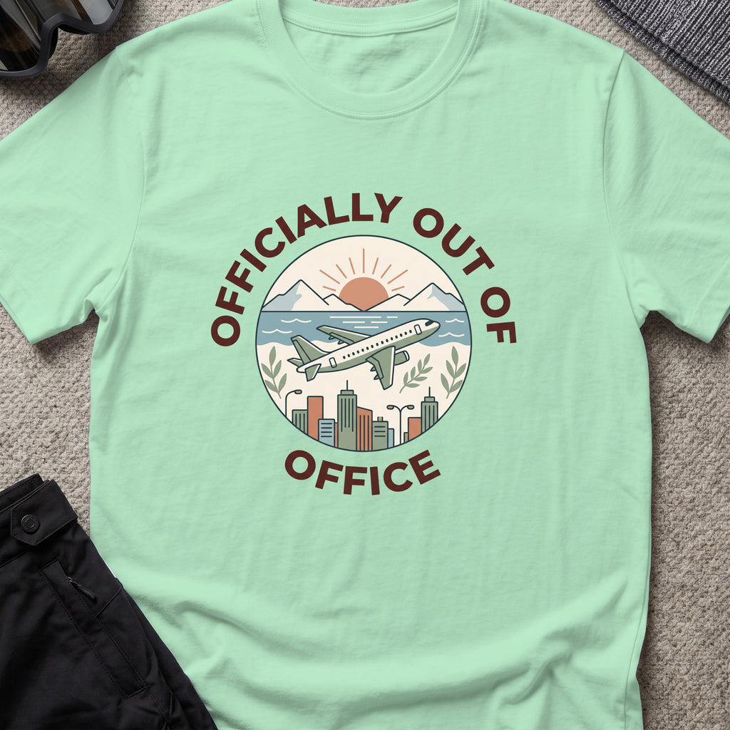 Officially out of Office T-Shirt in Mint Green, front view.