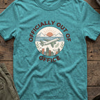 Officially out of Office T-Shirt in Heather Galapagos Blue, front view.
