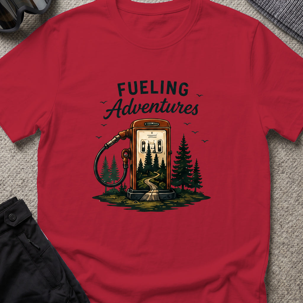 Fueling Adventures T-Shirt in Antique Cherry Red, front view.