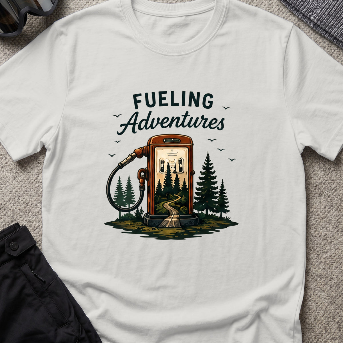 Fueling Adventures T-Shirt in Ice Grey, front view.