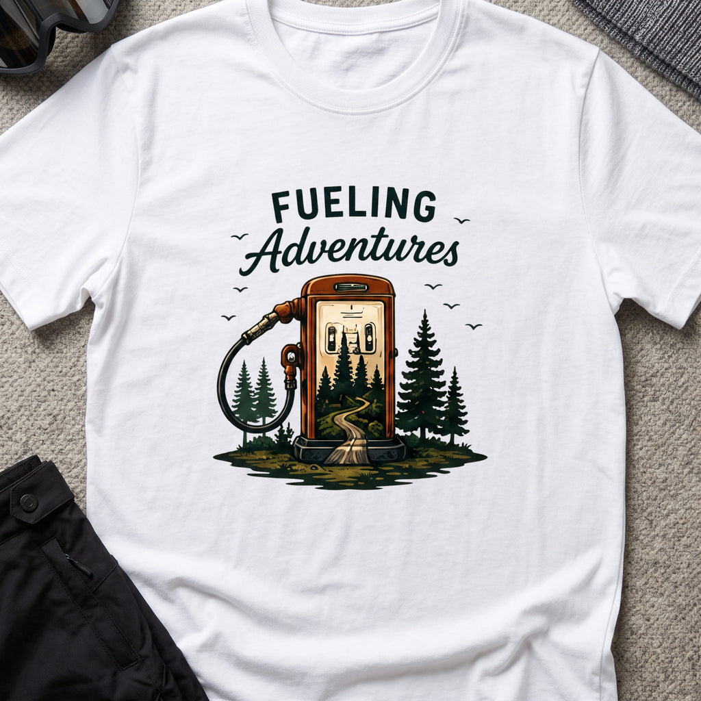 Fueling Adventures T-Shirt in White, front view.