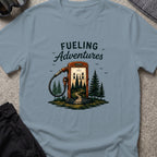 Fueling Adventures T-Shirt in Stone Blue, front view.