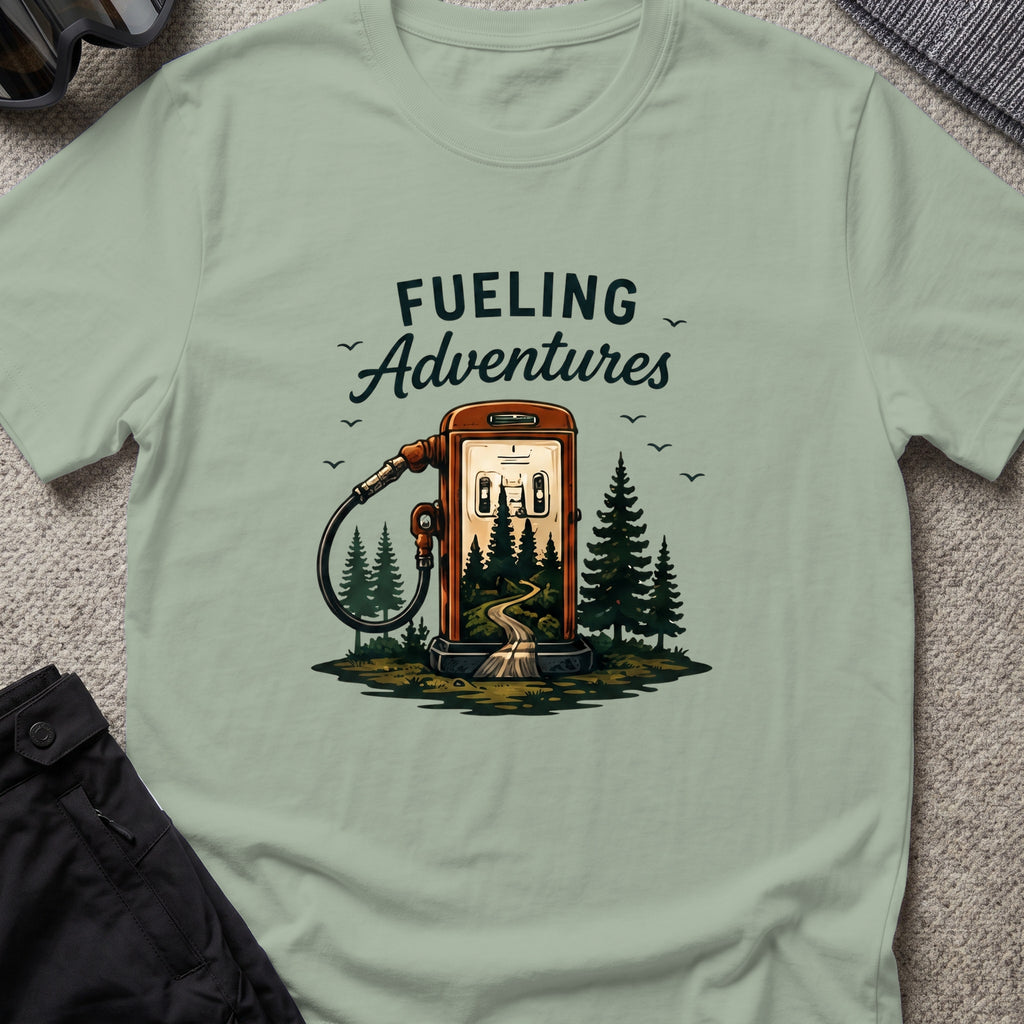 Fueling Adventures T-Shirt in Sage, front view.