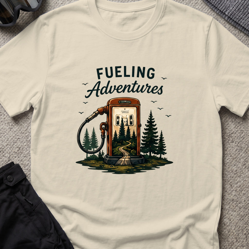 Fueling Adventures T-Shirt in Sand, front view.