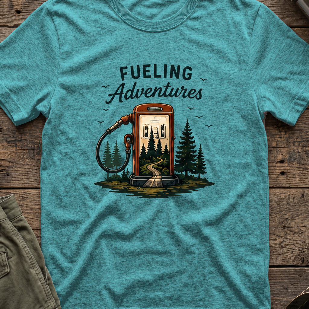 Fueling Adventures T-Shirt in Heather Galapagos Blue, front view.