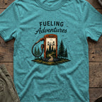 Fueling Adventures T-Shirt in Heather Galapagos Blue, front view.