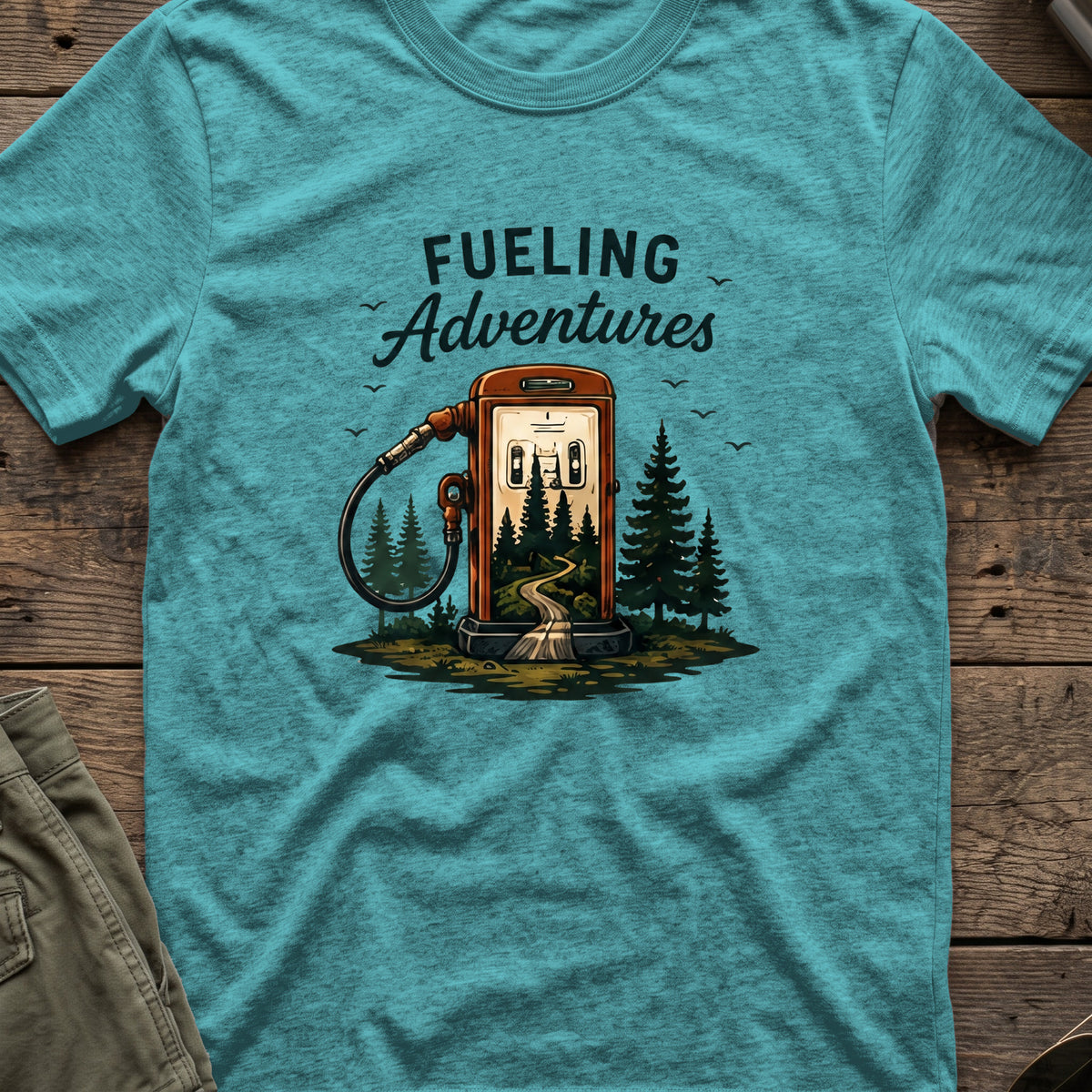 Fueling Adventures T-Shirt in Heather Galapagos Blue, front view.