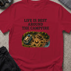 Life is Best Around the Campfire T-Shirt in Cardinal Red, front view.
