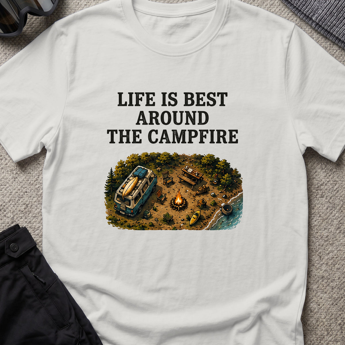 Life is Best Around the Campfire T-Shirt in Ice Grey, front view.
