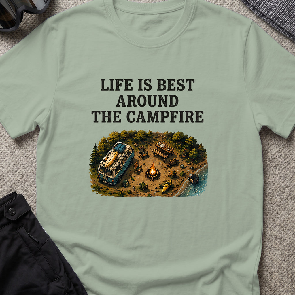Life is Best Around the Campfire T-Shirt in Sage, front view.