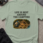 Life is Best Around the Campfire T-Shirt in Sage, front view.