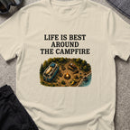 Life is Best Around the Campfire T-Shirt in Sand, front view.