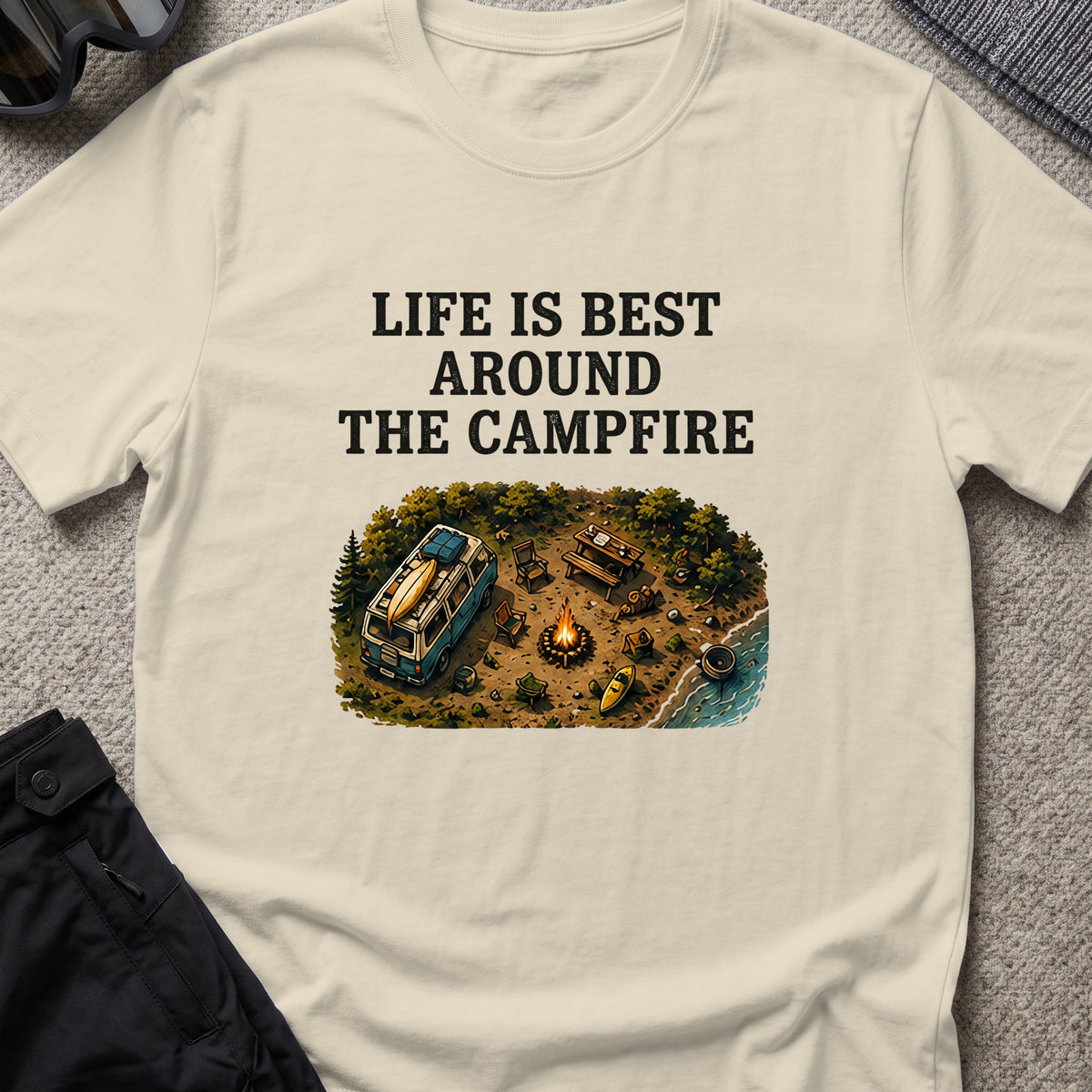 Life is Best Around the Campfire T-Shirt in Sand, front view.