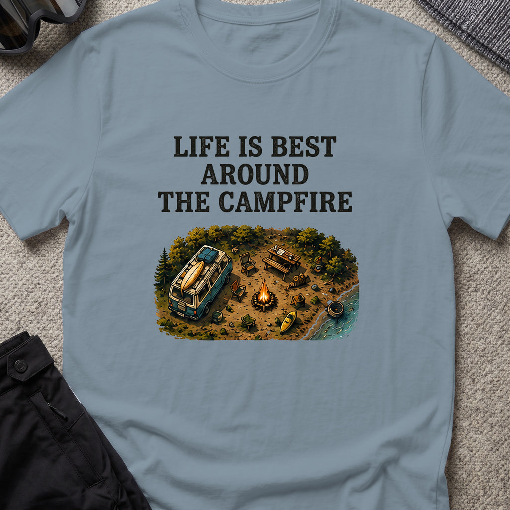 Life is Best Around the Campfire T-Shirt in Stone Blue, front view.