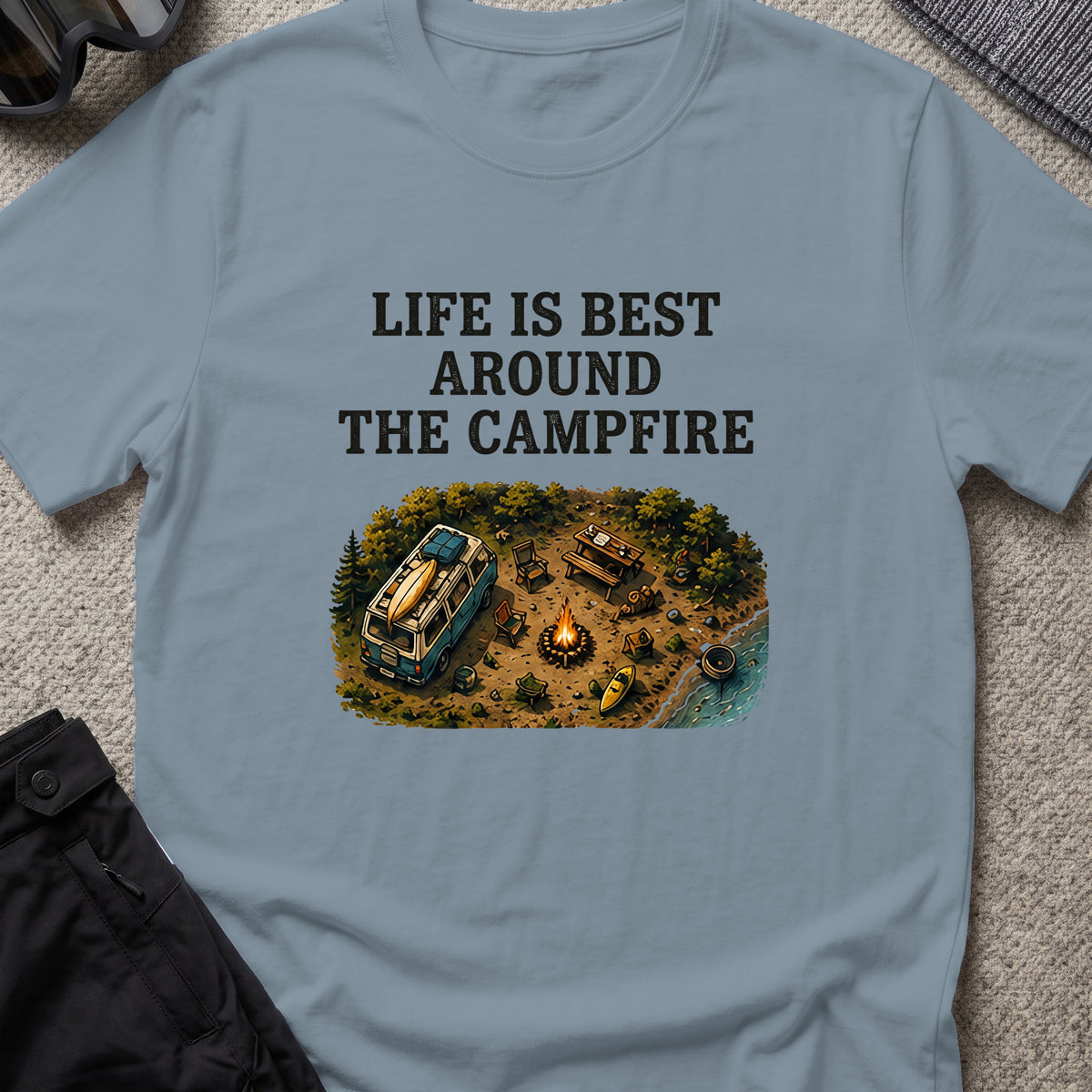 Life is Best Around the Campfire T-Shirt in Stone Blue, front view.