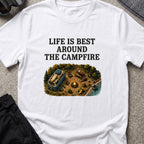 Life is Best Around the Campfire T-Shirt in White, front view.