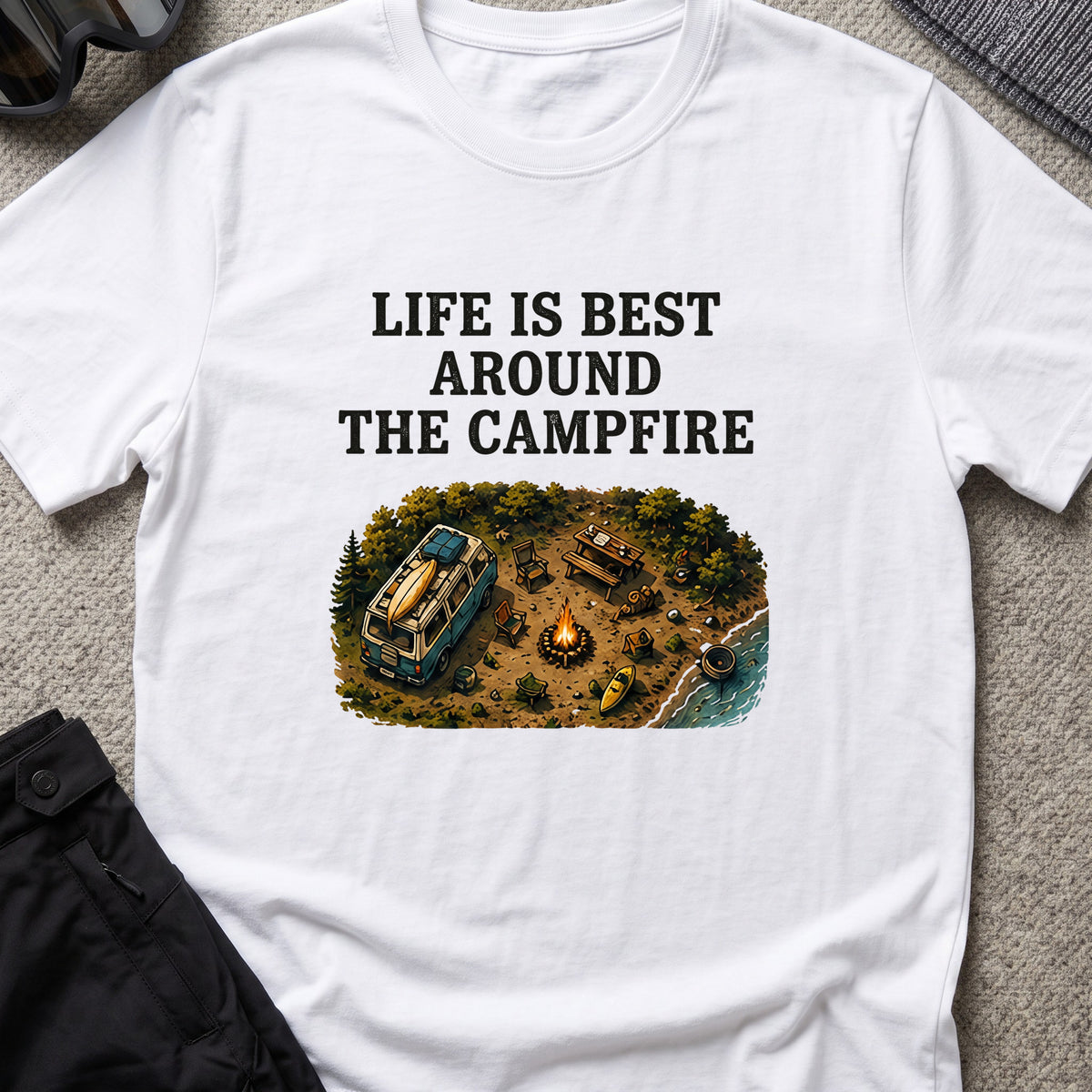 Life is Best Around the Campfire T-Shirt in White, front view.