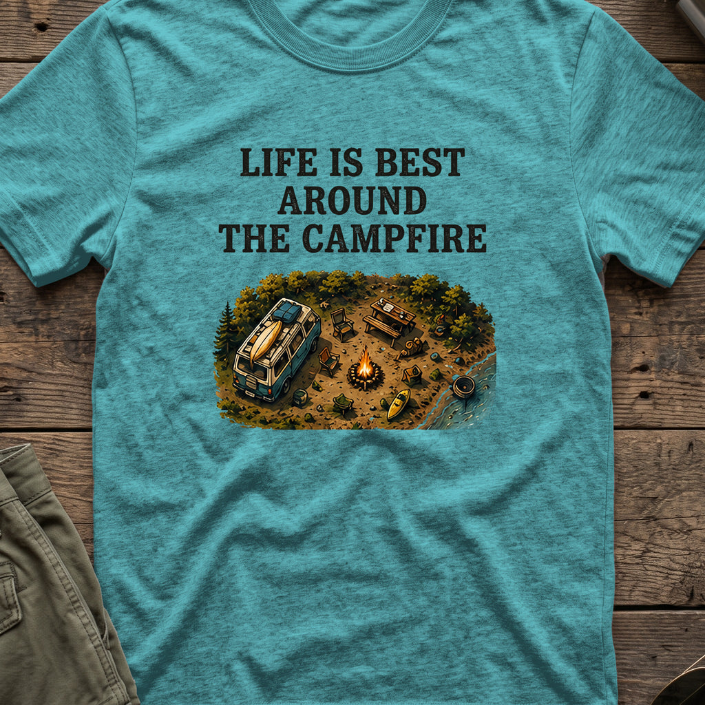 Life is Best Around the Campfire T-Shirt in Heather Galapagos Blue, front view.