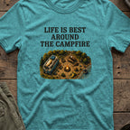 Life is Best Around the Campfire T-Shirt in Heather Galapagos Blue, front view.