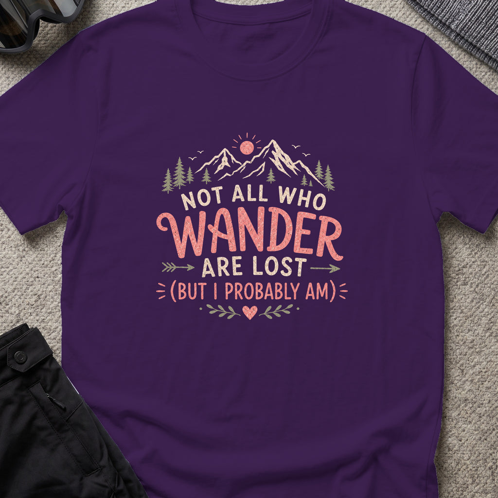 Not All Who Wander Are Lost T-Shirt in Purple, front view.