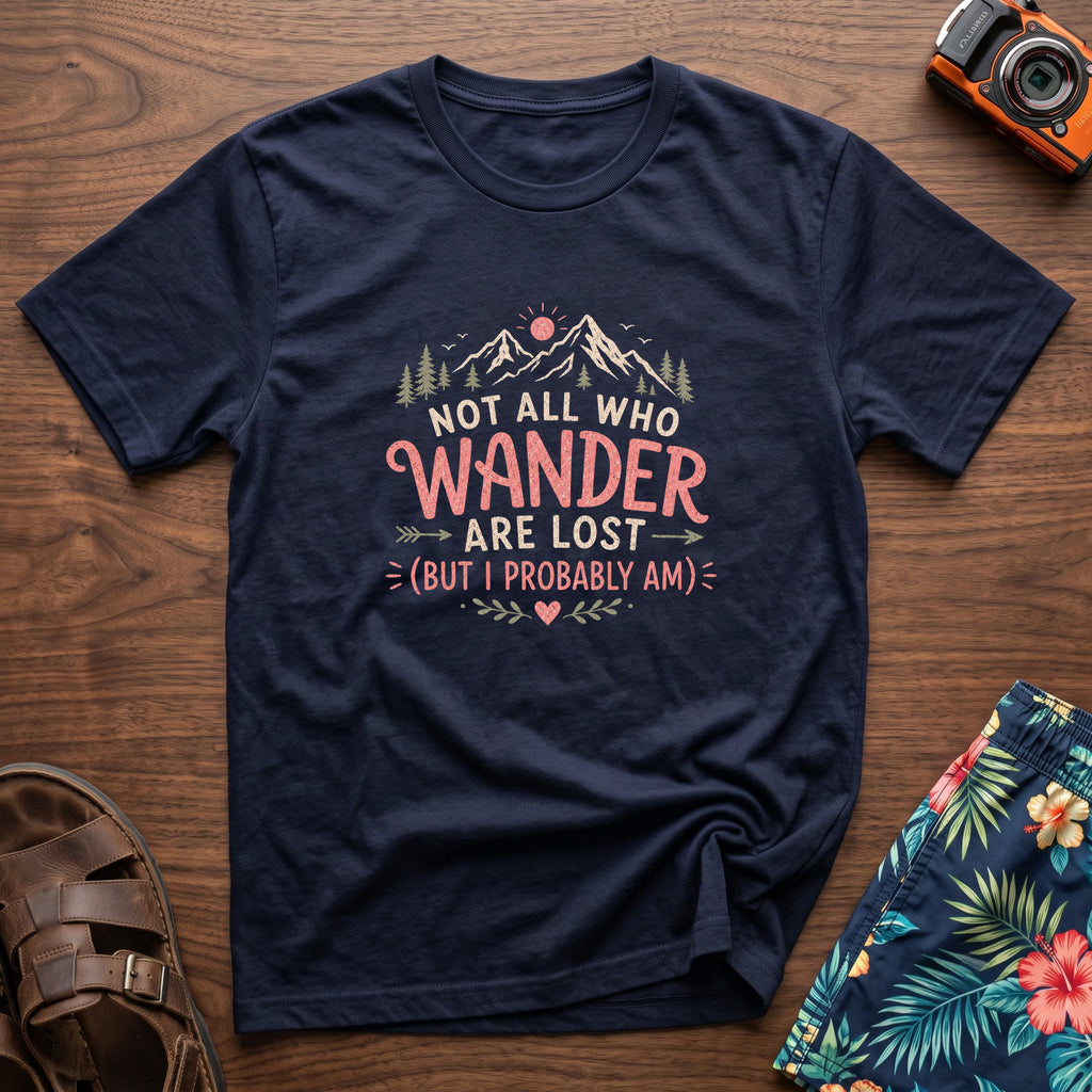 Not All Who Wander Are Lost T-Shirt in Navy, front view.