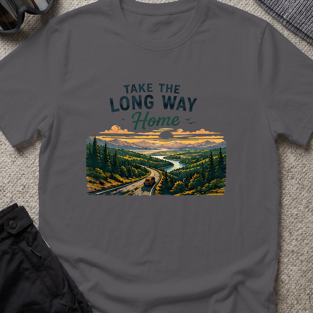 Take The Long Way Home T-Shirt in Charcoal, front view.