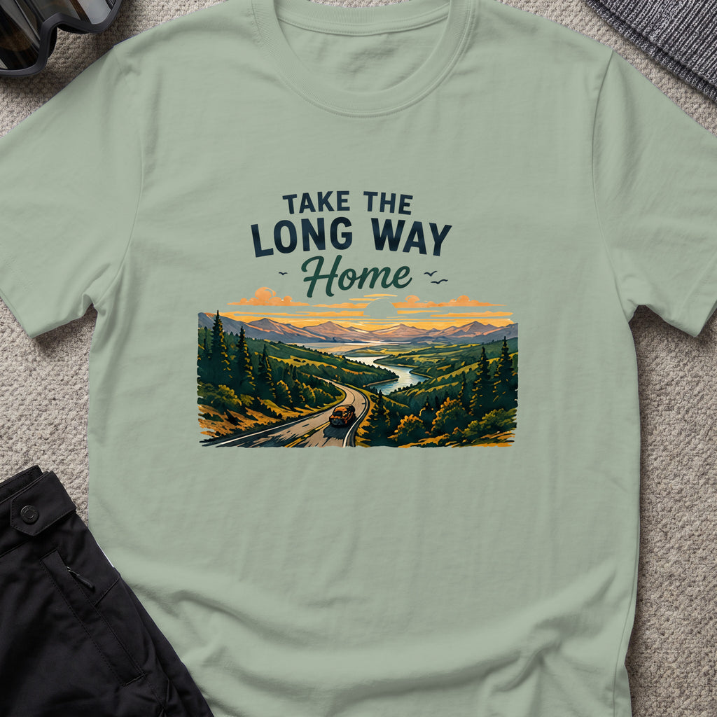 Take The Long Way Home T-Shirt in Sage, front view.