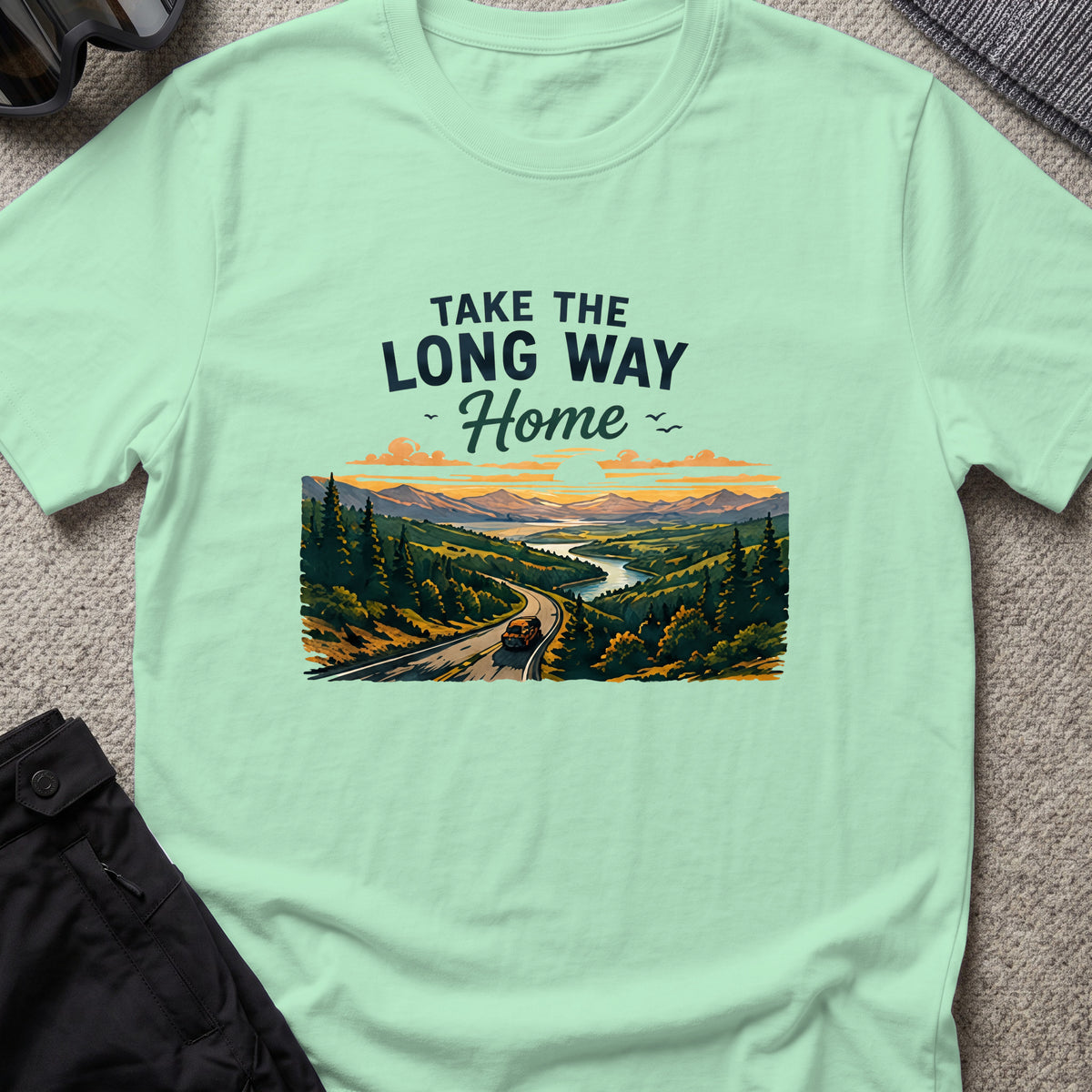 Take The Long Way Home T-Shirt in Mint Green, front view.