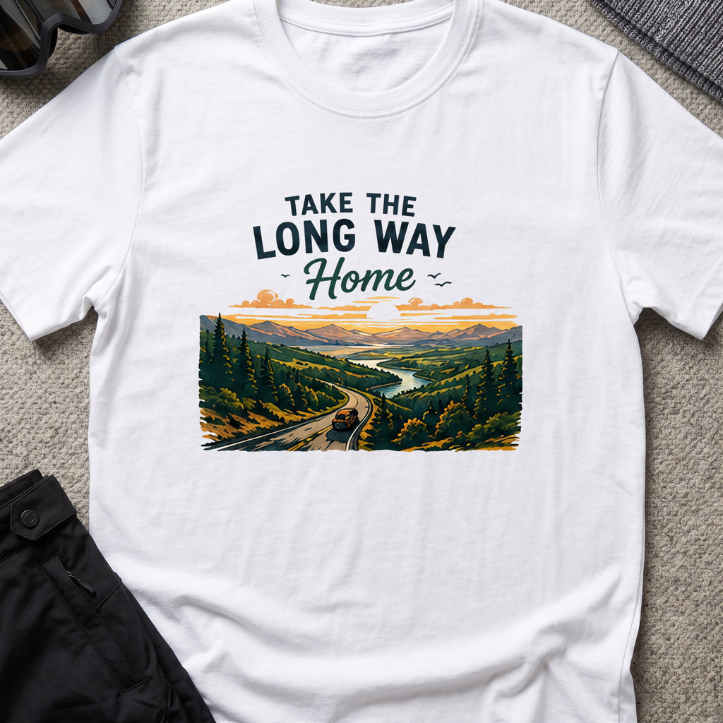 Take The Long Way Home T-Shirt in White, front view.