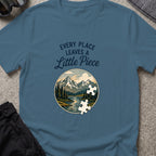 Every Place Leaves a Little Piece T-Shirt in Indigo Blue, front view.