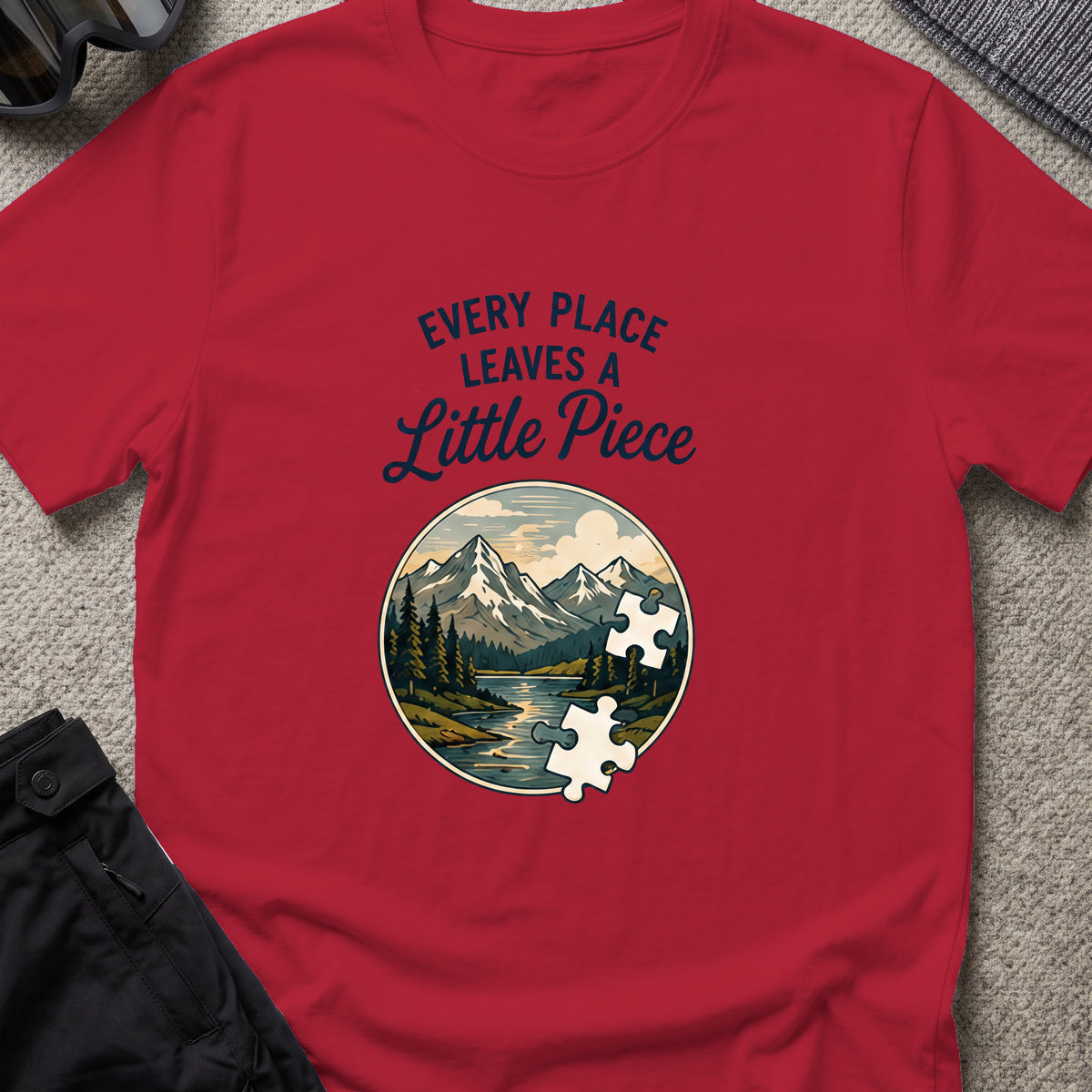 Every Place Leaves a Little Piece T-Shirt in Antique Cherry Red, front view.