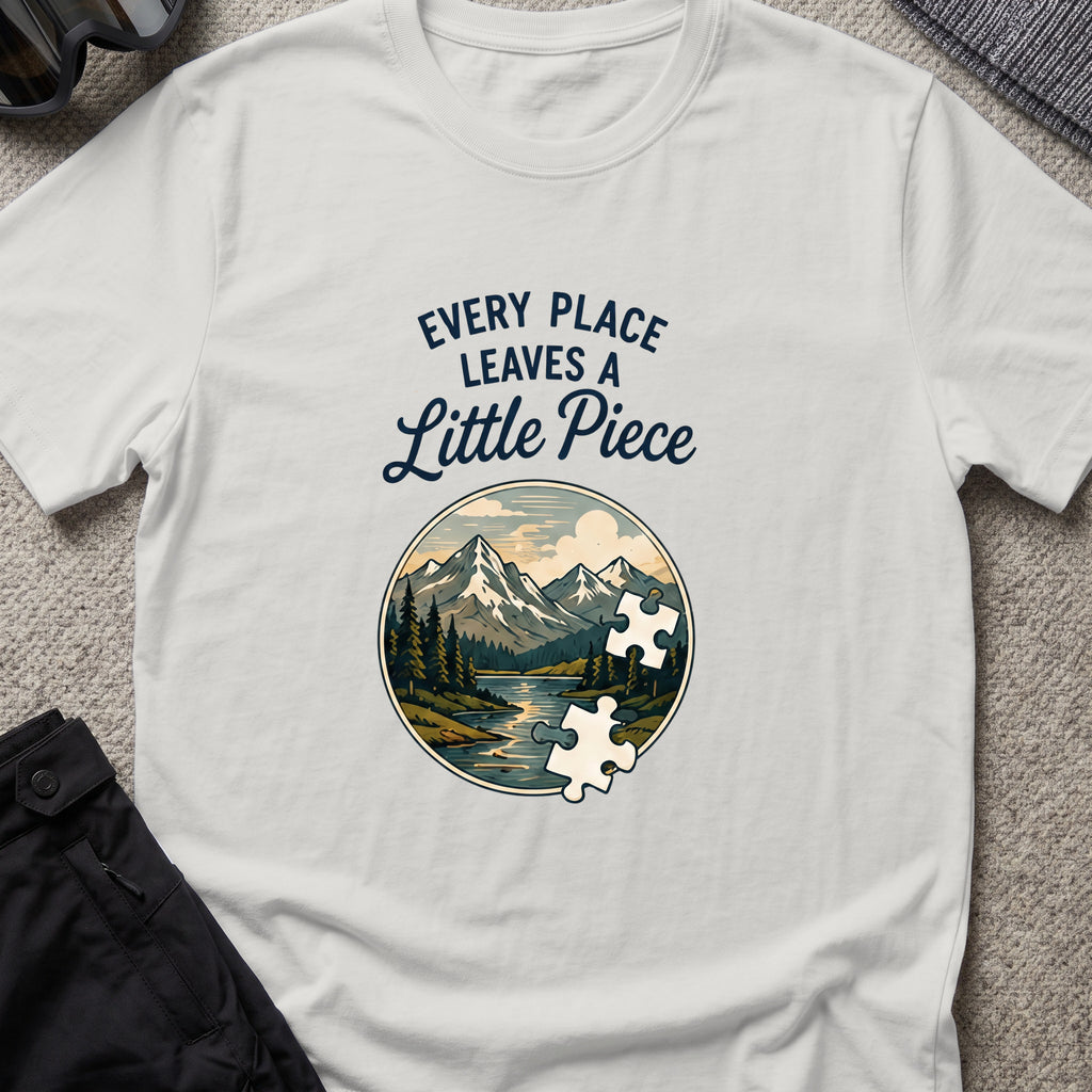 Every Place Leaves a Little Piece T-Shirt in Ice Grey, front view.