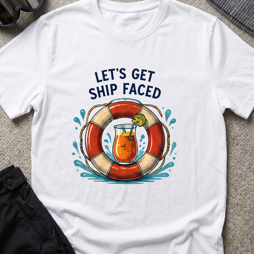 Let's Get Ship Faced T-Shirt — Drink Up in White, front view.