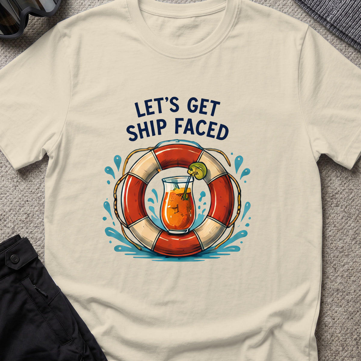 Let's Get Ship Faced T-Shirt — Drink Up in Sand, front view.