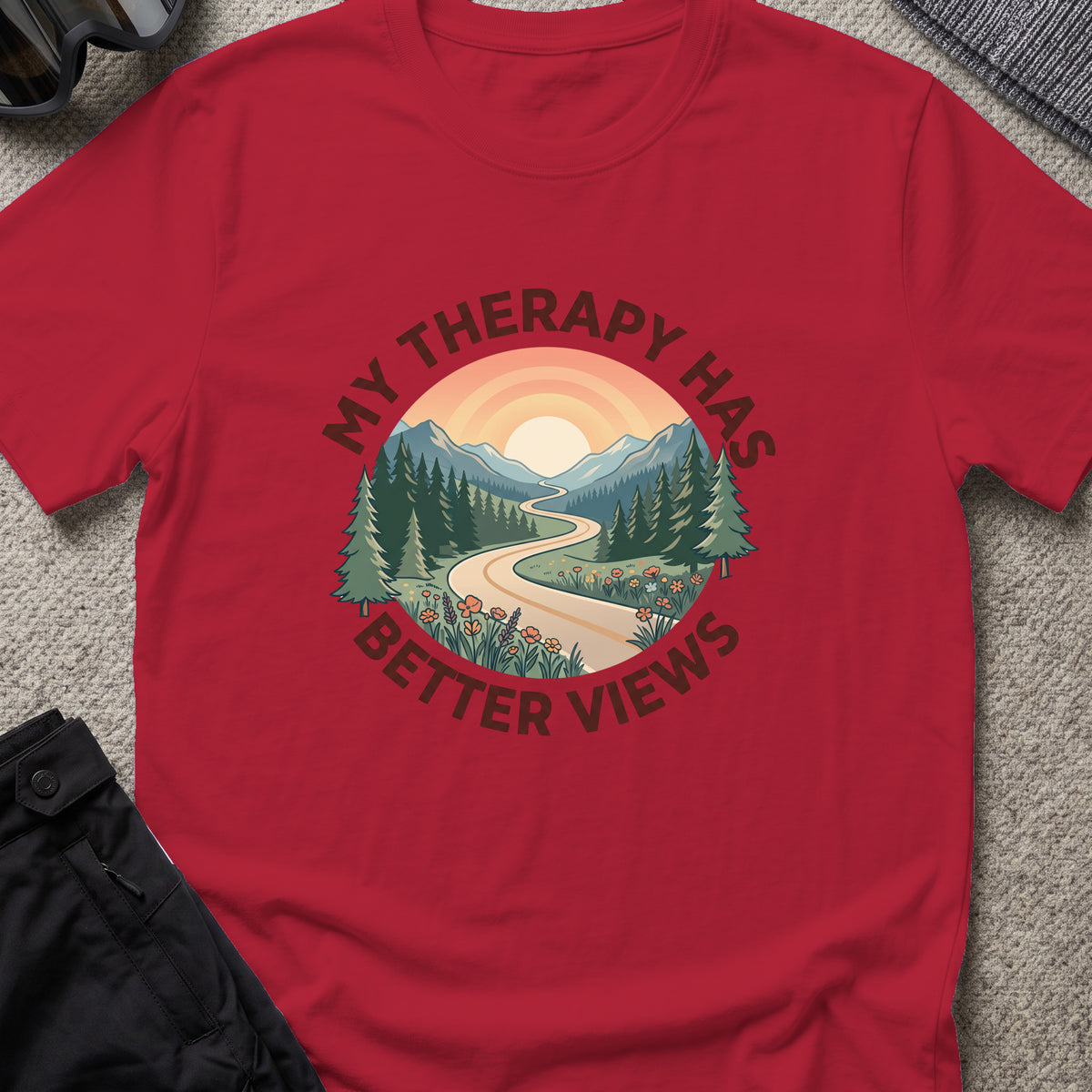 My Therapy has Better Views T-Shirt in Antique Cherry Red, front view.