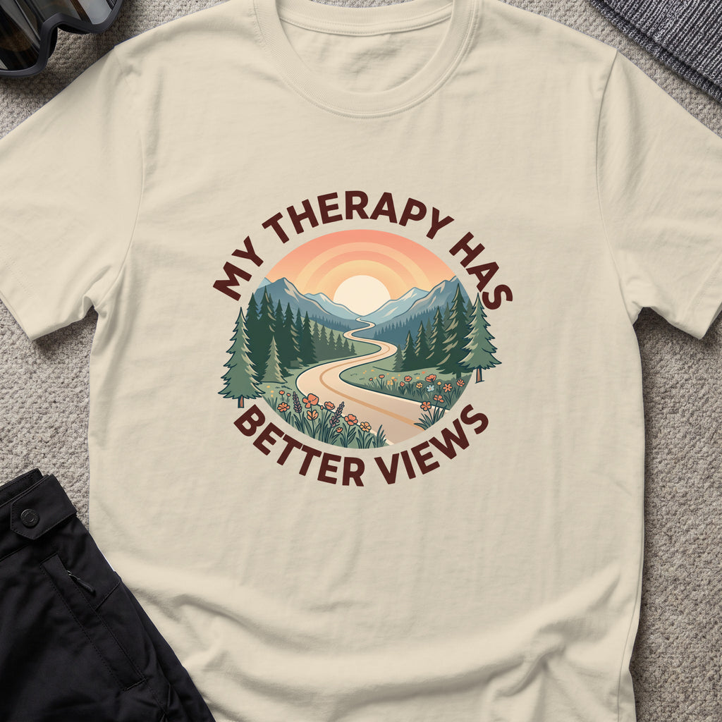 My Therapy has Better Views T-Shirt in Sand, front view.